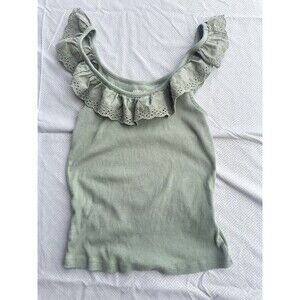 American Eagle Women's Small Green Scoop Neck Ribbed Baby Eyelet Ruffle Top